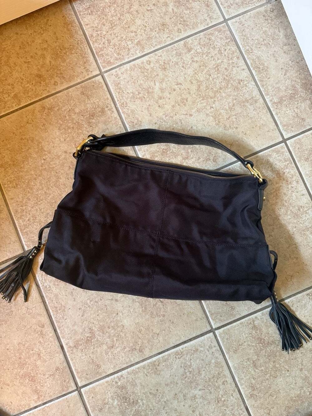 JPK Paris 75 Black Nylon Hobo Shoulder Bag with Tassels and Floral Lining